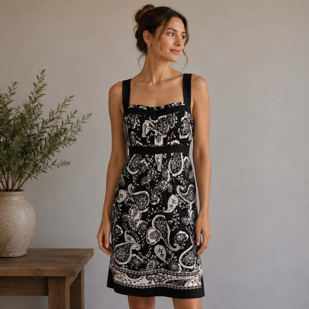 Loft Black & White Paisley Babydoll Midi Dress size 10